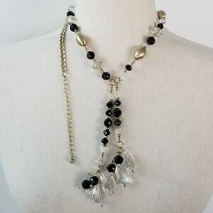 Chicos Long Statement Necklace Gold Tone Black Clear Faceted Beads Metal Baubles